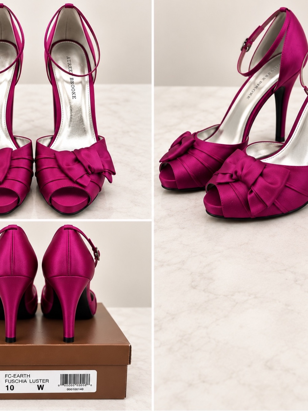 Audrey Brooke Fuchsia Satin Peep-Toe Heels with Bow Ankle Strap